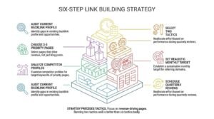 Six-step link building strategy infographic illustrating an isometric execution framework: auditing backlink profiles, choosing priority revenue pages, analyzing competitors, selecting focused tactics, setting monthly targets, and scheduling quarterly reviews.