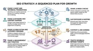 SEO strategy sequenced plan for growth infographic illustrating four phases: technical foundations audit, keyword content mapping, publication authority building, and measurement iteration.