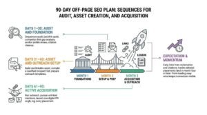 90-day off-page SEO plan infographic illustrating the sequential phases of execution: Days 1–30 for foundation and backlink audits, Days 31–60 for asset creation and outreach setup, and Days 61–90 for active acquisition and campaign logging.