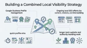 Infographic titled Building a Combined Local Visibility Strategy showing Google Business Profile management, quick profile wins, ongoing local SEO efforts like content, citations, and link building, and longer-term website and authority-building work organized around a central street map intersection with navigation compasses and map pins.