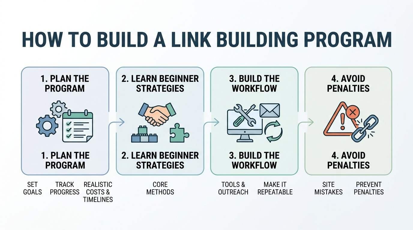 Infographic titled HOW TO BUILD A LINK BUILDING PROGRAM detailing four sequential phases: 1. Plan the Program (set goals, track progress, realistic costs & timelines), 2. Learn Beginner Strategies (core methods), 3. Build the Workflow (tools & outreach, make it repeatable), and 4. Avoid Penalties (site mistakes, prevent penalties)
