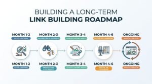Infographic titled BUILDING A LONG-TERM LINK BUILDING ROADMAP laying out a sequential five-stage timeline: Month 1-2 (Audit & Set KPIs), Month 2-3 (Prospecting & Outreach), Month 3-4 (Launch Content Assets), Month 4-6 (Digital PR Campaigns), and Ongoing (Monthly Review) arranged with process icons and phase labels.