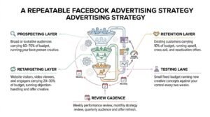 Repeatable Facebook advertising strategy infographic illustrating a full-funnel budget allocation framework across prospecting, retargeting, retention, and creative testing lanes with defined review cadences.