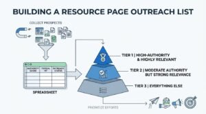Infographic titled BUILDING A RESOURCE PAGE OUTREACH LIST showing an outreach prospect workflow: Collect Prospects using a magnet attracting web pages into a funnel, organizing them into a Spreadsheet tracking Authority Score, Topical Fit, and Outreach Status, which routes into a 3-tier prioritization pyramid: Tier 1 (High-Authority & Highly Relevant), Tier 2 (Moderate Authority But Strong Relevance), and Tier 3 (Everything Else), leading to Prioritize Efforts via paper airplane, email, megaphone, and target bullseye outreach icons.