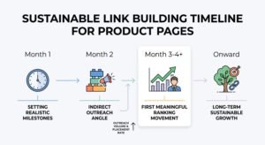 Infographic titled SUSTAINABLE LINK BUILDING TIMELINE FOR PRODUCT PAGES outlining a four-phase chronological progression: Month 1 (clock icon; Setting Realistic Milestones), Month 2 (building blocks and megaphone; Indirect Outreach Angle), Month 3-4+ (highlighted card with upward growth chart; First Meaningful Ranking Movement driven by outreach volume and placement rate), and Onward (flourishing tree with target and chain link; Long-Term Sustainable Growth).