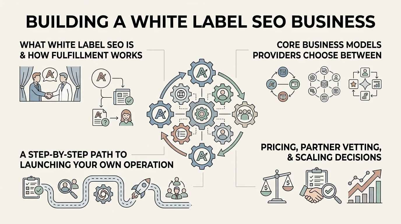 Infographic titled Building a White Label SEO Business outlining what white-label SEO is, fulfillment workflows, core business models, pricing, partner vetting, scaling decisions, and a step-by-step path to launch.
