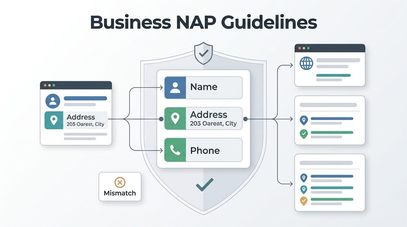 Infographic explaining business NAP guidelines, showing how consistent Name, Address, and Phone information should match across websites and online business listings.