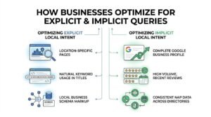 Infographic titled HOW BUSINESSES OPTIMIZE FOR EXPLICIT & IMPLICIT QUERIES comparing strategies side by side: OPTIMIZING EXPLICIT LOCAL INTENT via Location-Specific Pages, Natural Keyword Usage in Titles, and Local Business Schema Markup, versus OPTIMIZING IMPLICIT LOCAL INTENT via Complete Google Business Profile, High Volume Recent Reviews, and Consistent NAP Data Across Directories.