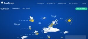 BuzzStream Outreach landing page hero banner featuring an illustration of a boy holding a magnifying glass while riding a pencil rocket through clouds, paper airplanes, and bees on a blue background.