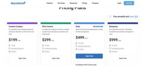BuzzSumo pricing plans comparison matrix displaying four tiers: Content Creation at $199/month, PR & Comms at $299/month, Suite at $499/month, and Enterprise at $999/month, with user seats and alert allowances.