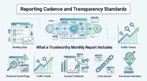 Infographic titled Reporting Cadence and Transparency Standards detailing what a trustworthy monthly report includes, covering ranking data, traffic trends, technical health flags, content published, links earned, and conversion numbers.