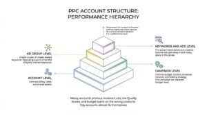 PPC account structure performance hierarchy infographic showing a 4-tier isometric stepped pyramid dividing management into Account, Campaign, Ad Group, and Keywords & Ads levels.