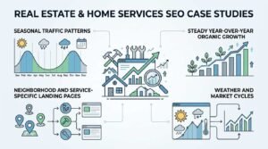 Infographic titled REAL ESTATE & HOME SERVICES SEO CASE STUDIES detailing seasonal traffic patterns, steady year-over-year organic growth, neighborhood and service-specific landing pages, and weather and market cycles around a central residential construction and diagnostic growth hub.