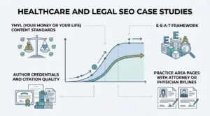 Infographic titled HEALTHCARE AND LEGAL SEO CASE STUDIES outlining YMYL content standards, the E-E-A-T framework, author credentials, and practice area pages with attorney or physician bylines alongside an organic growth S-curve graph.