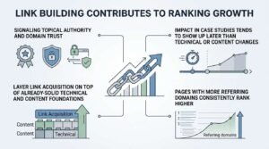 Infographic titled LINK BUILDING CONTRIBUTES TO RANKING GROWTH illustrating topical authority signals, delayed impact timelines, sequential layer frameworks, and referring domain rank correlation around a central ascending chain-link graph.