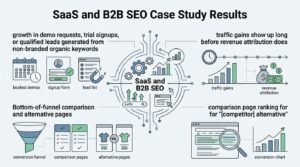 Infographic titled SaaS and B2B SEO Case Study Results detailing non-branded organic conversion growth, traffic versus revenue lag timelines, bottom-of-funnel comparison pages, and competitor alternative rankings around a central SaaS and B2B SEO circuit hub.