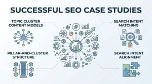 Infographic titled SUCCESSFUL SEO CASE STUDIES illustrating topic cluster content models, pillar-and-cluster structure, search intent matching, and search intent alignment surrounding a central radial performance wheel.