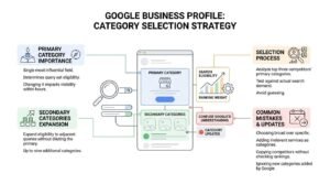 Google Business Profile category selection strategy infographic detailing primary category importance, secondary category expansion, selection processes, and common category mistakes.