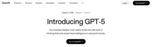 OpenAI announcement page hero section featuring the headline 'Introducing GPT-5', release metadata dated August 7, 2025, and a pill-shaped 'Try on ChatGPT' call-to-action button.