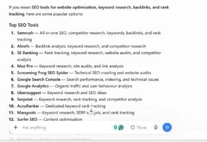 ChatGPT mobile interface displaying an AI-generated list of top SEO tools, categorizing platforms like Semrush, Ahrefs, SE Ranking, and Screaming Frog by their primary search optimization capabilities.