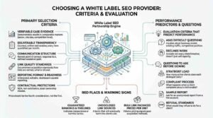 Infographic illustrating criteria and evaluation methods for choosing a white label SEO provider, detailing primary selection criteria, performance predictors, and agency red flags.