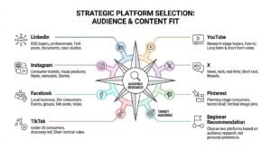 Strategic platform selection infographic showing seven social media networks arranged around a compass rose centered on audience research, detailing target audiences and optimal content formats for each channel.