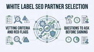 Infographic titled White Label SEO Partner Selection detailing vetting criteria, operational red flags, and essential questions to ask before signing agency contracts.