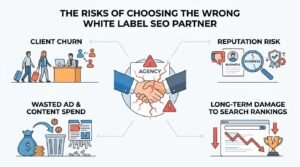 Infographic titled The Risks of Choosing the Wrong White Label SEO Partner showing client churn, reputation risk, wasted ad and content spend, and long-term search ranking damage.