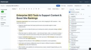Clearscope content editor interface displaying an 'A+' Content Grade, word count metrics, and an active article draft alongside a recommended terms sidebar with semantic grouping.