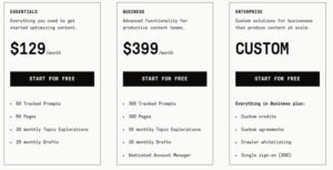 Clearscope pricing plans comparison matrix displaying three tiers: Essentials at $129/month, Business at $399/month, and Enterprise with Custom pricing, outlining allowances for tracked prompts, pages, topic explorations, and drafts.