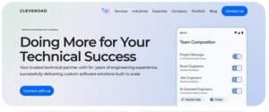Screenshot of the Cleveroad homepage displaying the headline 'Doing More for Your Technical Success' with an AI badge and a team composition card showing Project Managers, Engineers, and AI-assisted tooling.