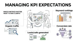 Infographic titled Managing KPI Expectations showing which SEO metrics matter most to end clients: organic traffic, keyword rankings, conversion rate, and leads or calls generated.