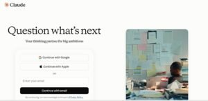 Claude by Anthropic login page featuring the headline 'Question what’s next', social sign-in options, and an editorial photo of a person working at a document-filled desk.
