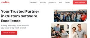 Screenshot of the Codica homepage displaying the headline 'Your Trusted Partner in Custom Software Excellence' with a red Estimate my project button and team culture photos.
