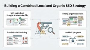 Infographic titled Building a Combined Local and Organic SEO Strategy detailing four core operational pillars: fully optimized Google Business Profile, local citation building, strong organic content, and backlink program surrounding a central map pin, browser link, and magnifying glass hub.