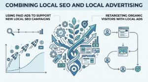 Infographic titled COMBINING LOCAL SEO AND LOCAL ADVERTISING illustrating using paid ads to support new local SEO campaigns and retargeting organic visitors with local ads around a central entwined growth tree anchored by a local map pin.