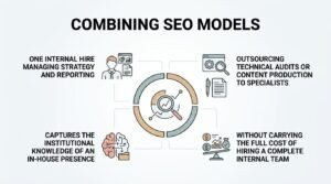 Infographic titled COMBINING SEO MODELS illustrating a hybrid approach pairing one internal strategist with specialized outsourced technical audits and content fulfillment to balance institutional knowledge and cost efficiency