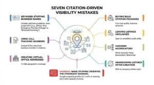 Seven citation-driven visibility mistakes infographic detailing risks such as keyword-stuffing business names, call tracking numbers, virtual offices, bulk packages, unclaimed listings, ignoring aggregators, and abandoned profiles.