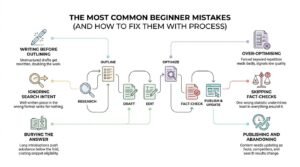 The most common beginner mistakes and how to fix them with process infographic showing a 7-stage editorial pipeline paired with six frequent writing errors, including ignoring search intent, burying the answer, over-optimizing, and publishing without updates.