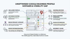 Unoptimised Google Business Profile mistakes and visibility gap infographic showing key listing errors including unclaimed profiles, keyword stuffing, broad categories, and duplicate listings around a broken profile graphic.