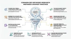 Common SEO keyword research mistakes and budget wastage infographic showing dollar signs leaking out of a cracked production budget funnel beneath a keyword strategy magnifying glass, surrounded by nine critical tactical errors.