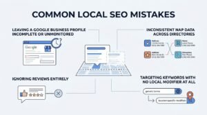 Infographic titled COMMON LOCAL SEO MISTAKES breaking down four key errors: Leaving a Google Business Profile Incomplete or Unmonitored, Inconsistent NAP Data Across Directories, Ignoring Reviews Entirely, and Targeting Keywords with No Local Modifier At All surrounding a central map listing card.