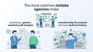 Infographic titled The most common mistake agencies make showing agency pitfalls: presenting generic unedited audit templates and overwhelming prospects with every technical finding.