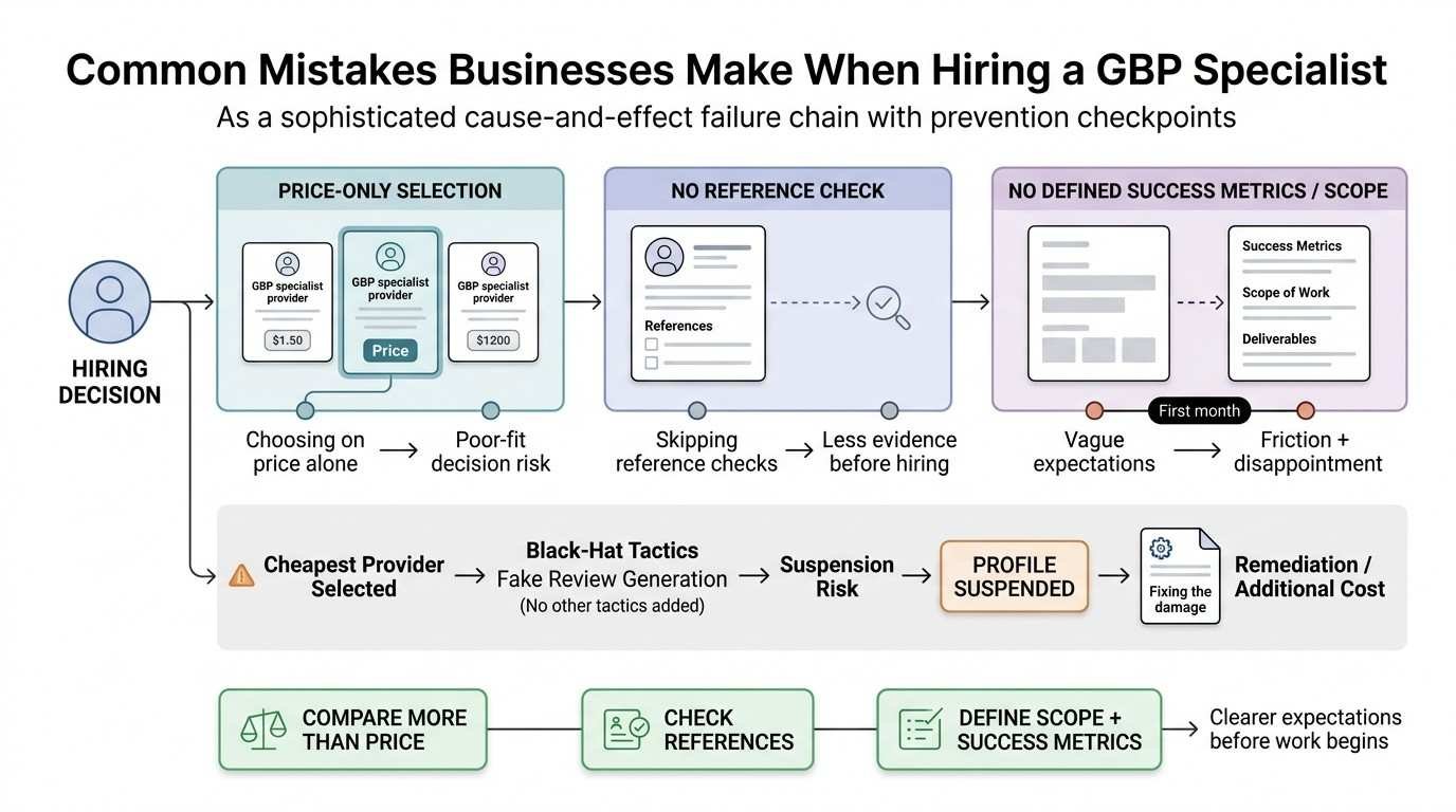 Infographic showing common mistakes businesses make when hiring a Google Business Profile specialist, including choosing by price alone, skipping reference checks, failing to define success metrics, and risks from improper tactics.