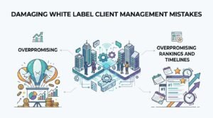 Infographic titled Damaging White Label Client Management Mistakes illustrating risks of overpromising, unrealistic ranking guarantees, and misaligned partner communication.