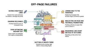Off-page SEO failures infographic illustrating seven common mistakes: buying cheap bulk links, ignoring relevance, over-optimizing anchor text, quitting early, linking only to the homepage, neglecting technical foundations, and tracking link volume over outcomes.