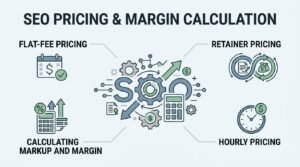 Infographic titled SEO PRICING & MARGIN CALCULATION categorizing four commercial pricing structures—FLAT-FEE PRICING, RETAINER PRICING, HOURLY PRICING, and CALCULATING MARKUP AND MARGIN—around a central SEO gear and financial audit hub.