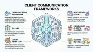 Infographic titled Client Communication Frameworks detailing retention pillars and communication lifecycles for new, established, and mature white-label clients.