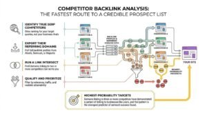 Competitor backlink analysis workflow infographic showing how to identify SERP competitors, export referring domains, run link intersect audits, and filter highest-probability outreach prospects.