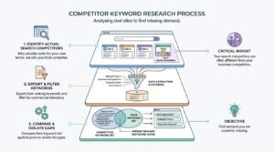 Competitor keyword research process infographic showing a 3-step gap analysis workflow: identifying organic SERP competitors, extracting and filtering ranking terms through a funnel, and using a Venn diagram to isolate missing content demand.